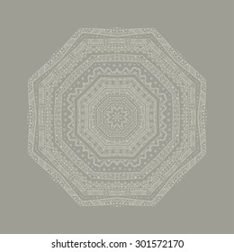 Ethnic mandala, white aztec round lace on the grey background