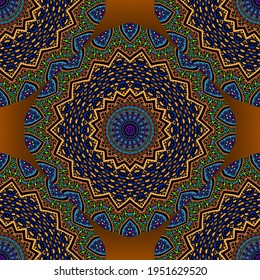 Ethnic mandalas seamless pattern. Ornamental floral background. Repeat colorful vector backdrop. Indian style bright ornaments with flowers, leaves, geometrical shapes, zigzag lines, borders, circles.