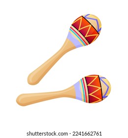 Ethnic maracas pair icon isolated on a white background. Latin rattle red color with yellow line pattern. Mexican carnival musical instrument. Traditional music culture of Mexico. Vector illustration