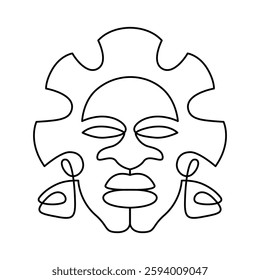 Ethnic Mask, drawn with continuous line in minimalism, abstract, Yoruba Mask, African culture, rituals of worship, cult of ancestors, one line, editable vector contour