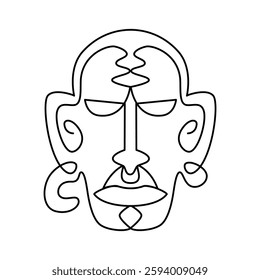 Ethnic Mask, drawn with continuous line in minimalism, abstract, Yoruba Mask, African culture, rituals of worship, cult of ancestors, one line, editable vector contour