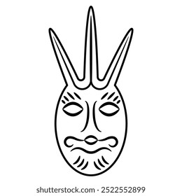 Ethnic mask. Funny face of a fantastic mythological creature. Ancient Siberian totem. Permian animal style. Black and white linear silhouette.