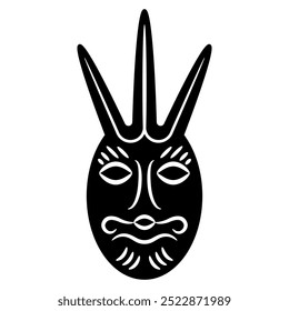 Ethnic mask. Funny face of a fantastic mythological creature. Ancient Siberian totem. Permian animal style. Black and white silhouette.