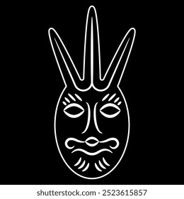 Ethnic mask. Funny face of a fantastic mythological creature. Ancient Siberian totem. Permian animal style. White linear silhouette on black background.