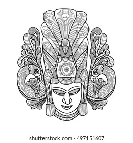 Ethnic mask. Handwritten doodles.Printing style on t-shirts, banners, posters, cover. Coloring page book for adults and children. Tattoos. Vector.