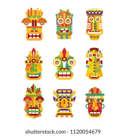 Ethnic mask set, tribal Indian or African colorful masks vector Illustrations on a white background
