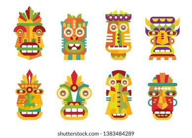 Ethnic mask set, tribal Indian or African colorful masks vector Illustrations on a white background