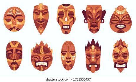 Ethnic masks. Traditional ritual, ceremonial african, hawaiian or aztec mask with ethnic carnival ornaments, antique culture vector set. Tribal mask of different shape with painted face