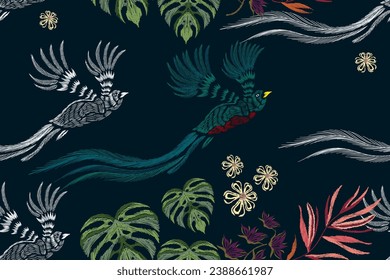 Ethnic Mayan bird pattern tropical flower Ikat embroidery seamless border.Aztec Abstract Ethnic pattern seamless background African Ikat Mexican style.Hand drawn Vector illustration.