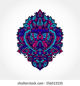 Ethnic medallion pattern with indian floral ornament and heart. Vector henna tattoo abstract style. Bohemian trendy design for banner, textile, greeting card and coloring book.