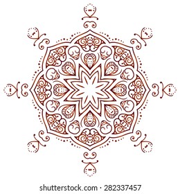 Ethnic mehndi Circular floral ornament Mehndi Henna Tattoo Mandala, Yantra brown. Vintage vector banner frame card for text, invitations wedding, birthday celebration, white background, style, ethnic