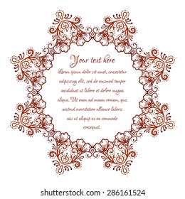 Ethnic mehndi Circular floral ornament Mehndi Henna Tattoo Mandala, Yantra brown. Vintage vector banner frame card for text, invitations wedding, birthday celebration, white background, style, ethnic