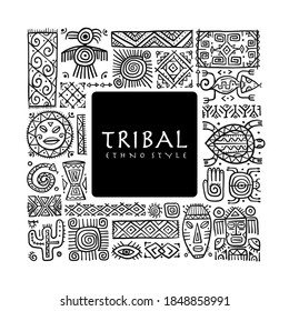 Ethnic mexican decor. Handmade background for your design. Tribal tattos elements. Vector illustration