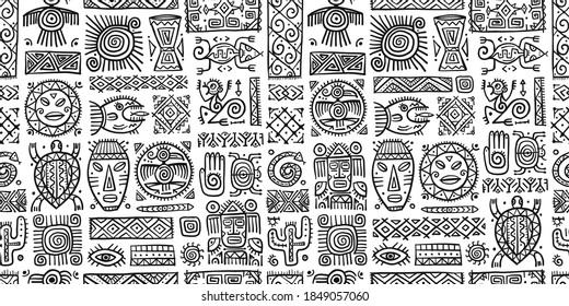 Ethnic mexican decor. Handmade Seamless Pattern for your design. Tribal tattos elements. Vector illustration