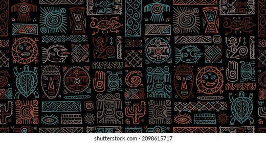 Ethnic mexican decor. Handmade Seamless Pattern for your design. Tribal tattos elements