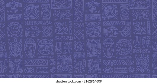Ethnic mexican decor. Handmade Seamless Pattern for your design. Tribal tattos elements. Very peri trend colors