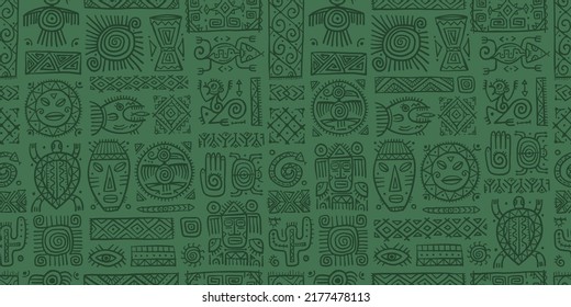 Ethnic mexican decor. Handmade Seamless Pattern for your design. Tribal tattos elements