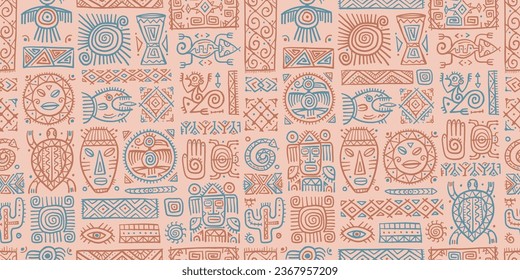 Ethnic mexican decor. Handmade Seamless Pattern for your design. Tribal tattos elements