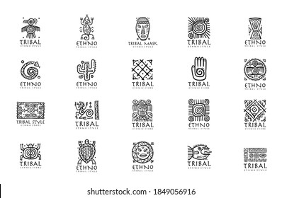 Ethnic mexican decor. Icons set for your design. Tribal tattos elements. Vector illustration