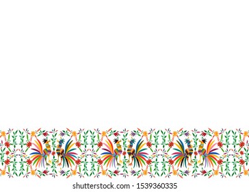 Ethnic Mexican embroidery floral and roosters jungle animals hand-made. Naive print folk decorations. latin, Spanish, mediterranean style. Colorful  elements textile embroidery isolated space for text