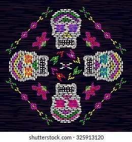 Ethnic mexican fabric background with colorful flowers and Catrina`s skull. Day of the Dead holiday illustration, vector.