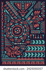 Signos de la etnia mexicana, elementos culturales africanos en el arte mural tribal, símbolos animales, formas geométricas abstractas en el fondo tradicional azteca. Patrón antiguo en el cartel. Ilustración vectorial plana