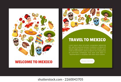 Ethnic Mexican Symbols Banner Design with Traditional Objects Vector Template