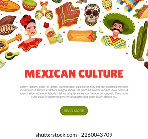 Ethnic Mexican Symbols Banner Design with Traditional Objects Vector Template