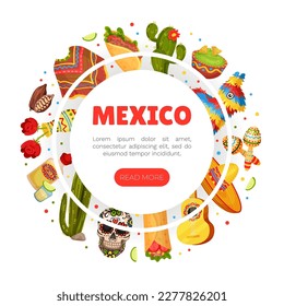 Ethnic Mexican Symbols Banner Design with Traditional Objects Vector Template