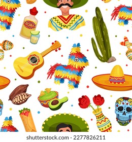 Ethnic Mexican Symbols Seamless Pattern Design with Traditional Objects Vector Template