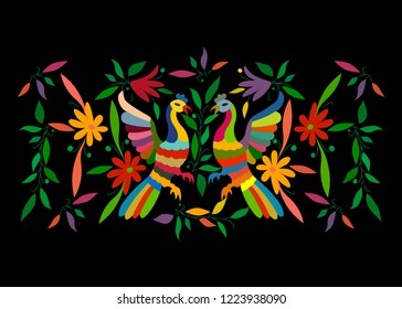 Ethnic Mexican tapestry with embroidery floral and peacock jungle animals hand-made. Naive print folk decorations. latin, Spanish, mediterranean style. Colorful  elements textile embroidery isolated 