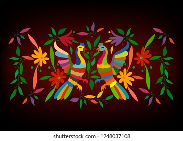 Ethnic Mexican tapestry with embroidery floral and peacock jungle animals hand-made. Naive print folk decorations. latin, Spanish, mediterranean style. Colorful  elements textile embroidery isolated 
