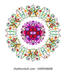 Ethnic Mexican tapestry with embroidery floral and peacock jungle animals handmade. Naive print folk decorations. Latin, Spanish, mediterranean style. Colorful circular textile flower mandala isolated