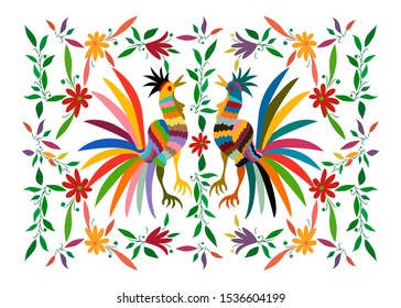 Ethnic Mexican tapestry with embroidery floral and roosters jungle animals hand-made. Naive print folk decorations. latin, Spanish, mediterranean style. Colorful  elements textile embroidery isolated 