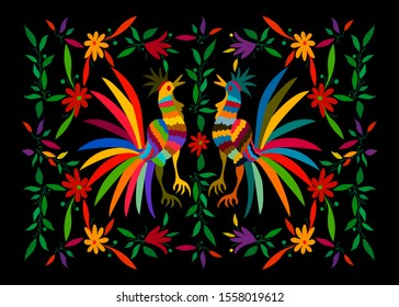 Ethnic Mexican tapestry with embroidery floral and roosters jungle animals hand-made. Naive print folk decorations. latin, Spanish, mediterranean style. Colorful  elements textile embroidery isolated 