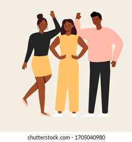 Ethnic modern group of young black people in the Social Community. African man and woman in trendy cartoon character illustration. Celebrate black history month. migrant and immigrant workers vector.