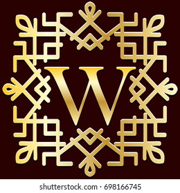 Ethnic monogram frame, gold vintage boutique emblem mockup, stylish calligraphic graphic design element. Vector illustration.