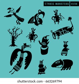 Ethnic monsters vector set. Simple drawing character silhouette. Tribal ornament theme.
