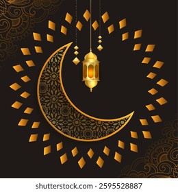 ethnic moon and lamp eid mubarak dark background vector