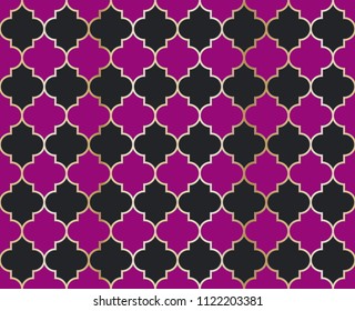 Ethnic Mosque Vector Seamless Pattern. Eid al fitr muslim background.  Holy month ramadan kareem mosque pattern with gold grid mosaic.  Islamic window grid design of lantern shapes tiles.