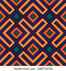 Ethnic motif. African style seamless surface pattern in bright colors. Repeated rhombuses, crosses.  Tribaldigital paper. Geometric textile print.