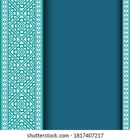 Ethnic motif background print design in Blue, green and white color. Ornament texture border design for islamic, invitation, greeting, border, etc