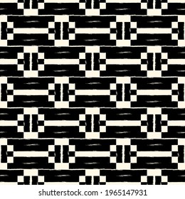 Ethnic motif handdrawn print. Paint brush strokes geometric seamless pattern. Freehand indigenous style background. Folk, tribal ornament. Artistic hand drawn geo design. Abstract vector wallpaper