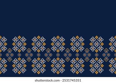 Patrón de motivo étnico tradicional ikat patrón de tela geométrica punto de cruz. Bordado Étnico oriental Pixel fondo azul. Abstractas, Vector, ilustración. Textura, decoración, Fondo de pantalla.