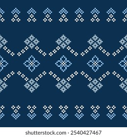 Patrón de motivo étnico tradicional ikat patrón de tela geométrica punto de cruz. Bordado Étnico oriental Pixel fondo azul. Abstractas, Vector, ilustración. Textura, decoración, Fondo de pantalla.