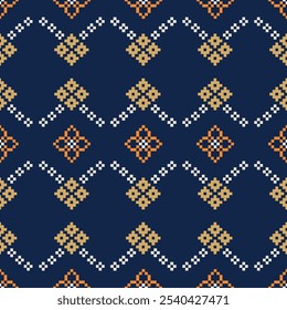 Ethnic motif pattern traditional ikat geometric fabric pattern cross stitch. Embroidery Ethnic oriental Pixel blue background.Abstract,vector,illustration. Texture,decoration,wallpaper.