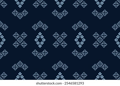 Ethnic motif pattern traditional ikat geometric fabric pattern cross stitch. Embroidery Ethnic oriental Pixel blue background.Abstract,vector,illustration. Texture,decoration,wallpaper.