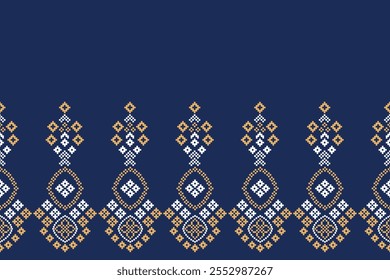 Ethnic motif pattern traditional ikat geometric fabric pattern cross stitch. Embroidery Ethnic oriental Pixel blue background.Abstract,vector,illustration. Texture,decoration,wallpaper.