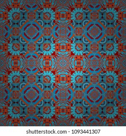Ethnic motif. Seamless pattern in blue, red and orange colors. Vintage mosaics. Vector illustration.