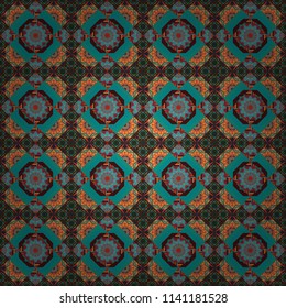 Ethnic motif. Seamless pattern in blue, brown and green colors. Vector illustration. Vintage mosaics.